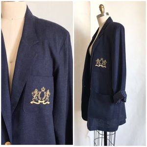 VINTAGE | Linen Blend Blazer Oversize Navy Gold Crest Embroidery Size Large